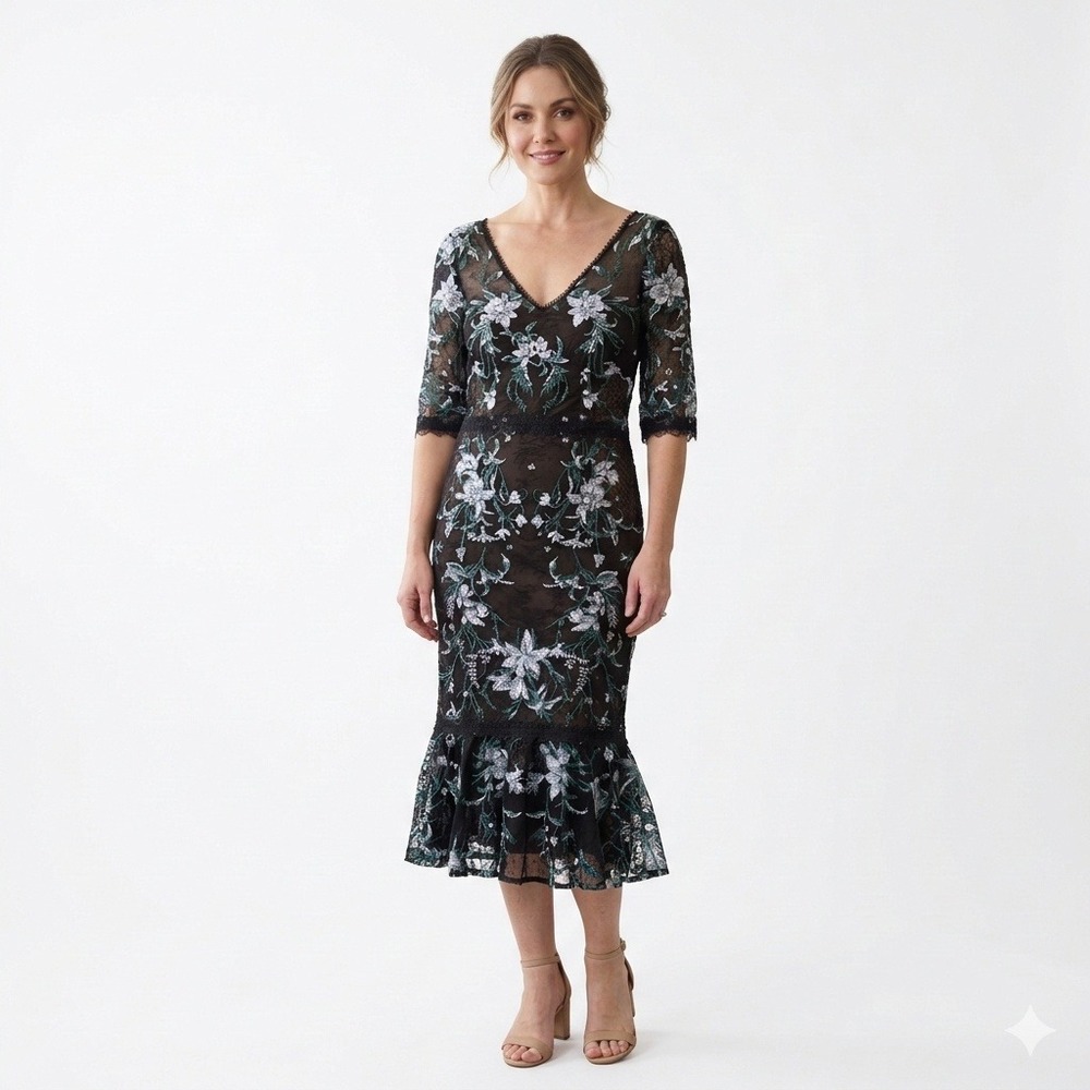 Marchesa Notte Embroidered‎ Lace Dress Women 8 Black Floral Midi Mermaid Hem